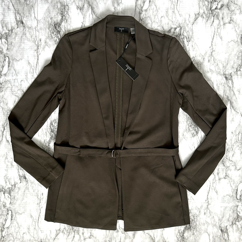 Tabari | NWT women’s size 8 blazer jacket olive green Open front, belt, pockets